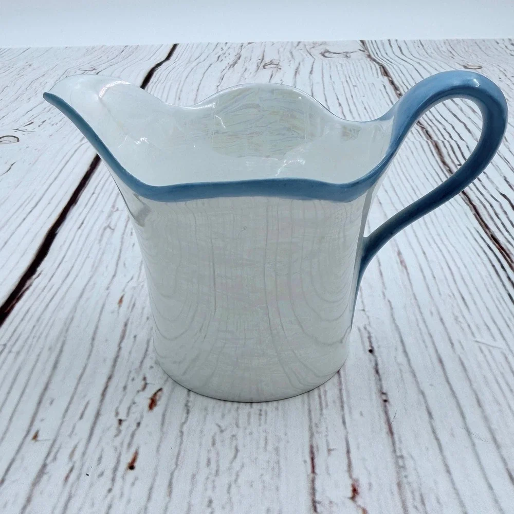 RS Silesia Iridescent Luster Porcelain Creamer Pitcher Blue Trim Vintage 3‎ inch